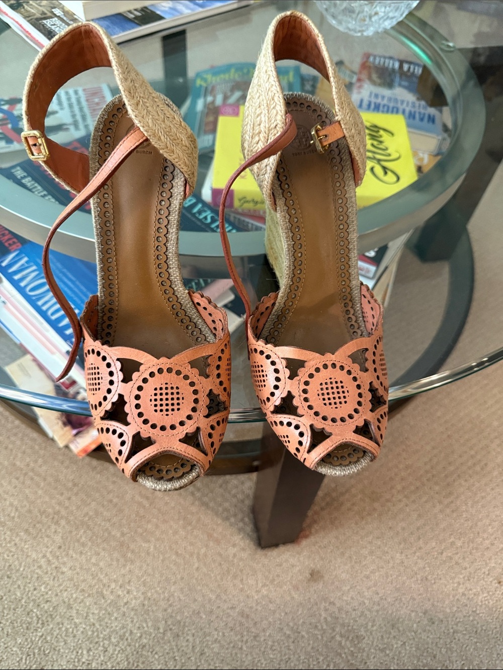 Tory Burch Coral Laser-Cut Peep-Toe Wedge Sandals